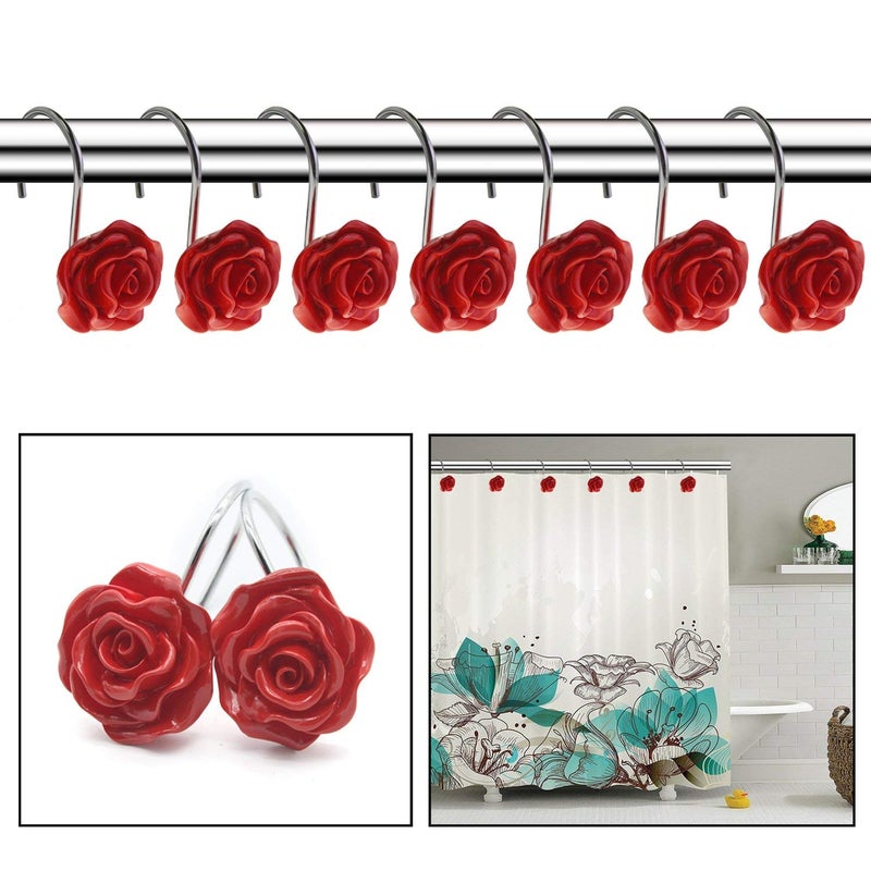 FINROS 12 PCS Home Fashion Decorative Anti Rust Shower Curtain Hooks Rose Design Shower Curtain Rings Hooks (RED) - Image 4